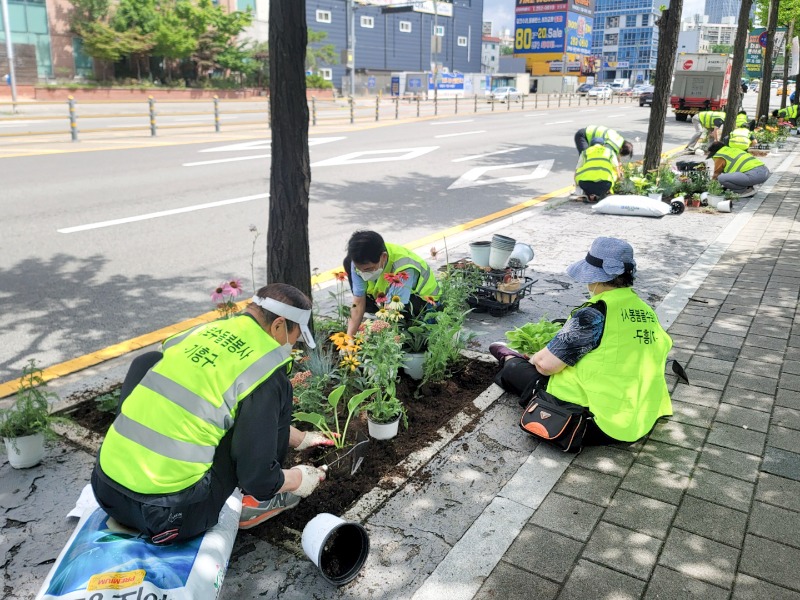 5-1. 신갈동 통장협의회와 노인회 등 주민 30여명이 가로수 주변에 꽃을 심고 있다..jpg