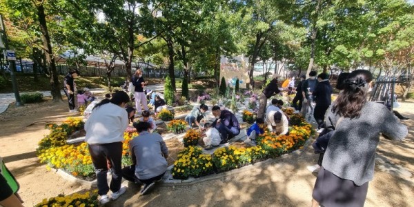 6-1. 용인시민들이 수지구 풍덕천동 신정문화공원에 주황빛 메리골드를 심고 있다..jpg