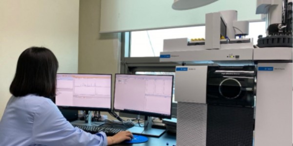 3. 용인시농업기술센터 직원이 가스크로마토그래프 질량분석기(사진 오른쪽)를 활용해 잔류농약 성분 데이터를 확인하고 있다..jpg