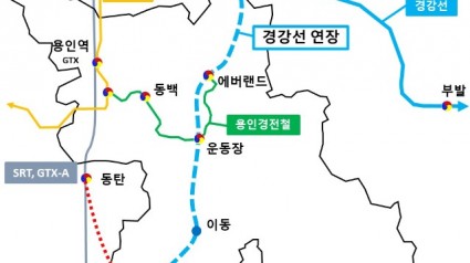 용인시가 경강선을 용인으로 연장하는 사업의 타당성 용역을 한다. 지도의 파란색 점선이 시가 계획하는 경강선 연장 노선(안)이다. .jpg