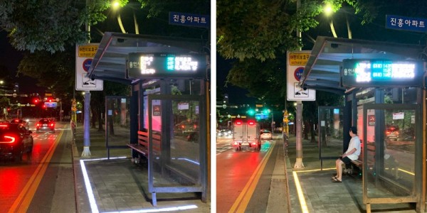 2-1.야간 정류장의 모습. 승객이 없을 때는 바닥이 흰색이었다 승객이 오면 노란색으로 바뀐다..JPG