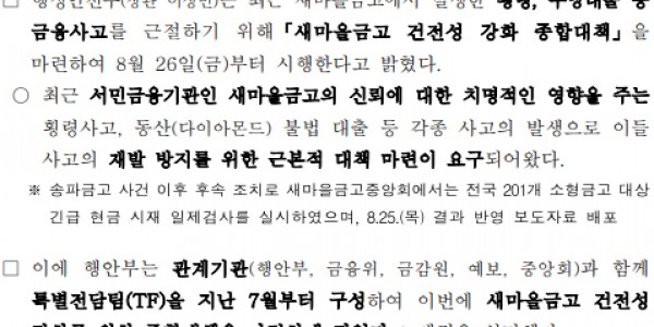 10-1. 행정안전부가 지난해 8월 배포한 새마을금고 건전성 강화 종합대책 시행에 관한 보도자료(1).jpg