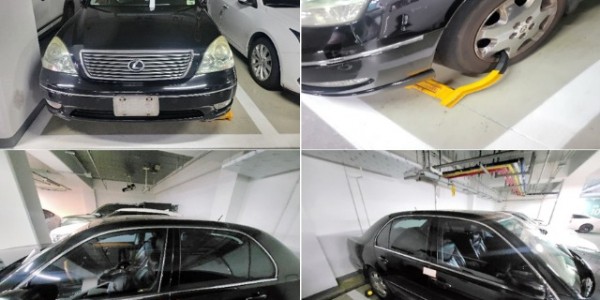 5. 시가 공동주택 주차장에서 대포차량을 발견하고 실 사용자 확인을 위해 번호판을 영치하고, 족쇄 설치, 압류봉인지를 부착한 모습..jpg