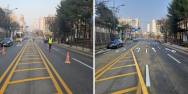 3-1. 용인특례시 수지구 _생활민원 해결톡_에 접수된 죽전1동 행정복지센터 사거리 교통체계 개선전(왼쪽)과 개선후(오른쪽) 모습.jpg