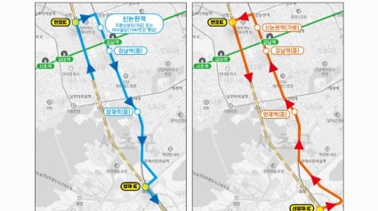 1. 오후 시간대 서울 강남에서 용인방면으로 향하는 조정된 광역버스의 노선도.jpg