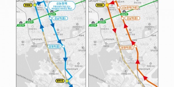 1. 오후 시간대 서울 강남에서 용인방면으로 향하는 조정된 광역버스의 노선도.jpg
