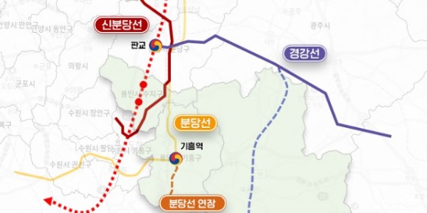 10-4. 이상일 용인특례시장이 박상우 국토교통부 장관에게 용인의 철도 인프라 구축에 대한 필요성을 강조했다. 사진은 용인에서 추진 중인 경기남부광역철도, 경강선 연장, 분당선 기흥역 연장선 노선 계획도.jpg