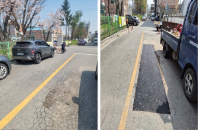 5. 용인특례시가 보수작업을 진행한 도로의 포트홀 복구작업 전(사진 왼쪽)과 후(사진 오른쪽)의 모습..jpg