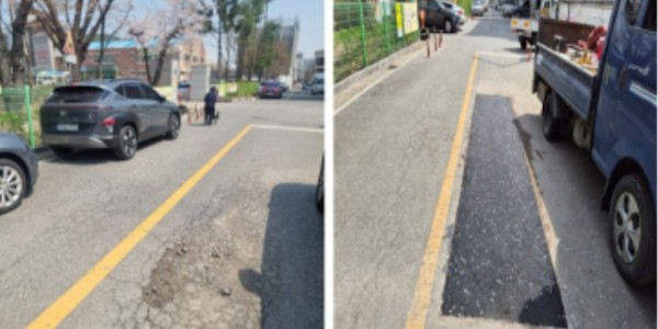 5. 용인특례시가 보수작업을 진행한 도로의 포트홀 복구작업 전(사진 왼쪽)과 후(사진 오른쪽)의 모습..jpg